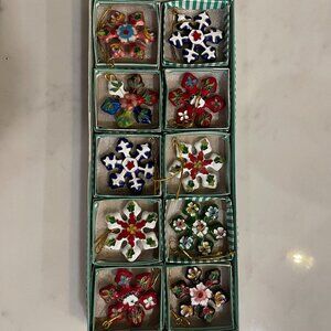 10 Vintage Enamel Cloisonné Christmas Ornaments Snowflakes